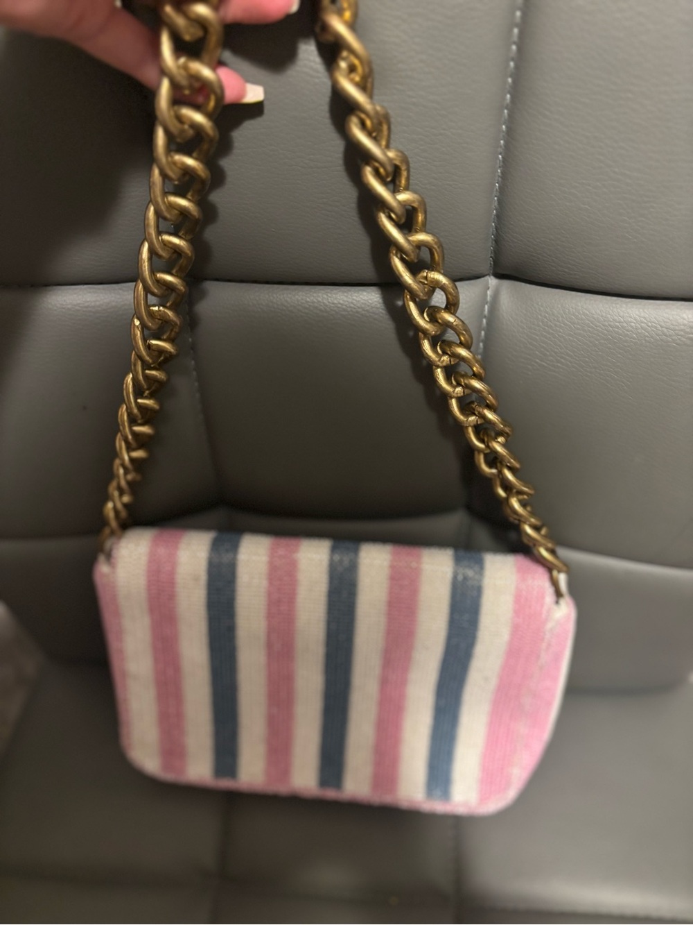 Striped Pink & Blue Chain-Handle Women's Beaded Viral Bag